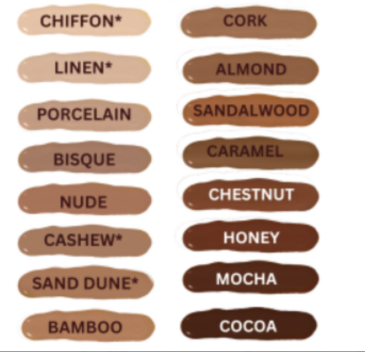 Foundation shade swatches showing all 16 available colors