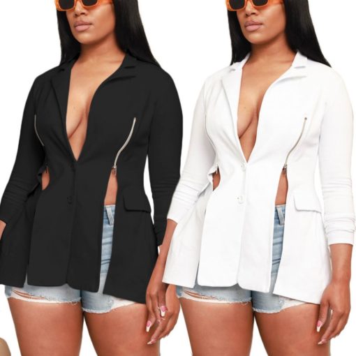 SkinBodyU fashionable with side slit long sleeve zipper lapel casual suit for women - Image 2