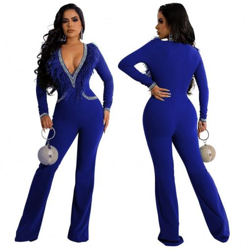 SkinBodyu feathers bodycon jumpsuits rhinestone wide leg jumpsuit - Image 3