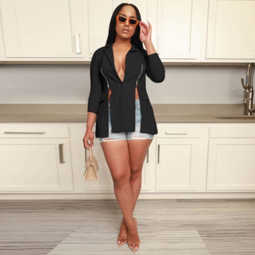 SkinBodyU fashionable with side slit long sleeve zipper lapel casual suit for women - Image 3