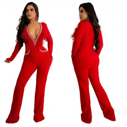 SkinBodyu feathers bodycon jumpsuits rhinestone wide leg jumpsuit - Image 2