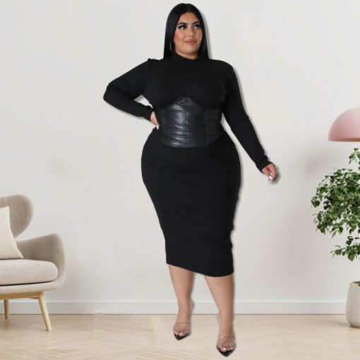 SkinBodyU Plus Size Dress large size fall women clothing  zipper hit leather one step dress